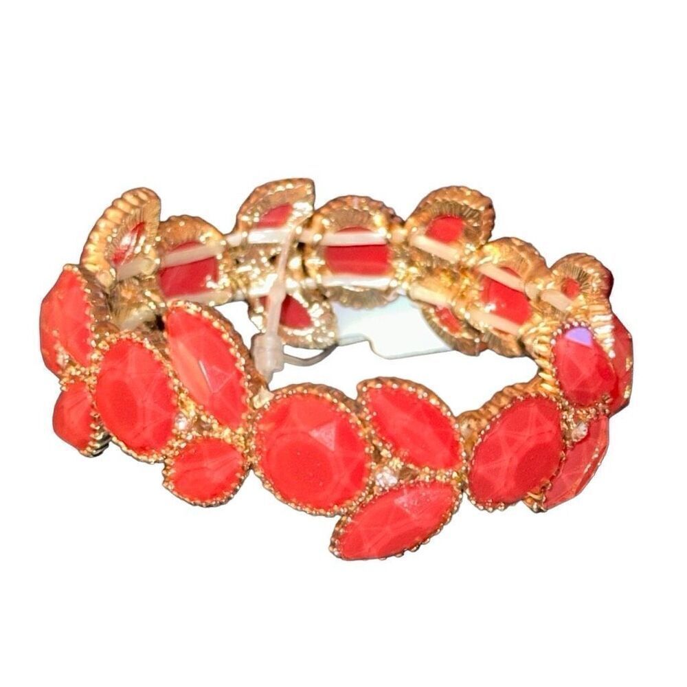 "NEW" Gold-tone Pink/Red Multifaceted Stone Beads Elastic Statement Bracelet Lad